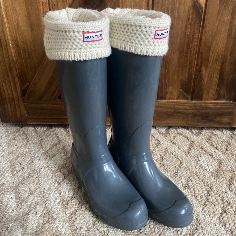 dark grey tall Hunter boots